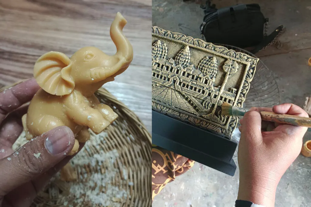 After: hand-finished pieces — a lacquered elephant beside a carved Angkor relief